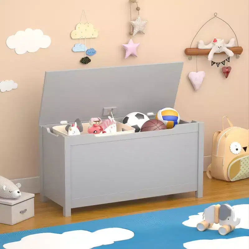 Coffre de rangement gris en bois pour jouets avec couvercle à charnière de sécurité, pour les 2 ans et plus, montage par 1 personne