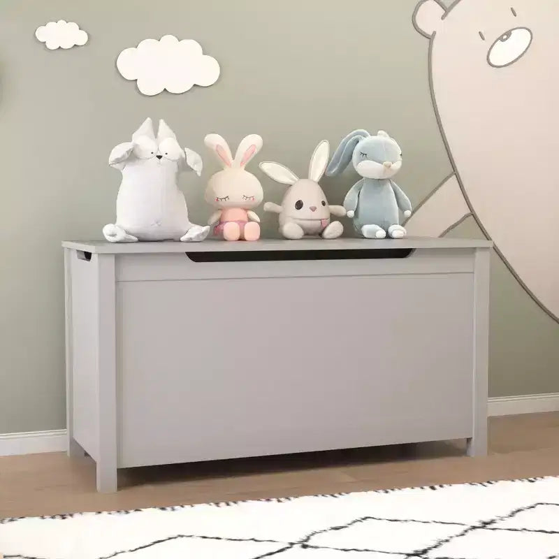 Coffre de rangement gris en bois pour jouets avec couvercle à charnière de sécurité, pour les 2 ans et plus, montage par 1 personne