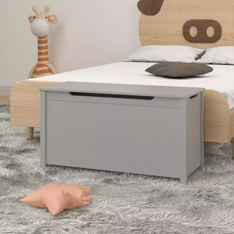 Coffre de rangement gris en bois pour jouets avec couvercle à charnière de sécurité, pour les 2 ans et plus, montage par 1 personne