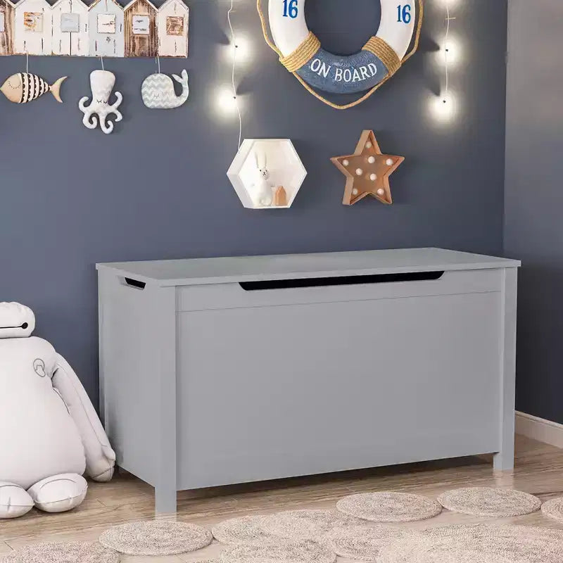 Coffre de rangement gris en bois pour jouets avec couvercle à charnière de sécurité, pour les 2 ans et plus, montage par 1 personne