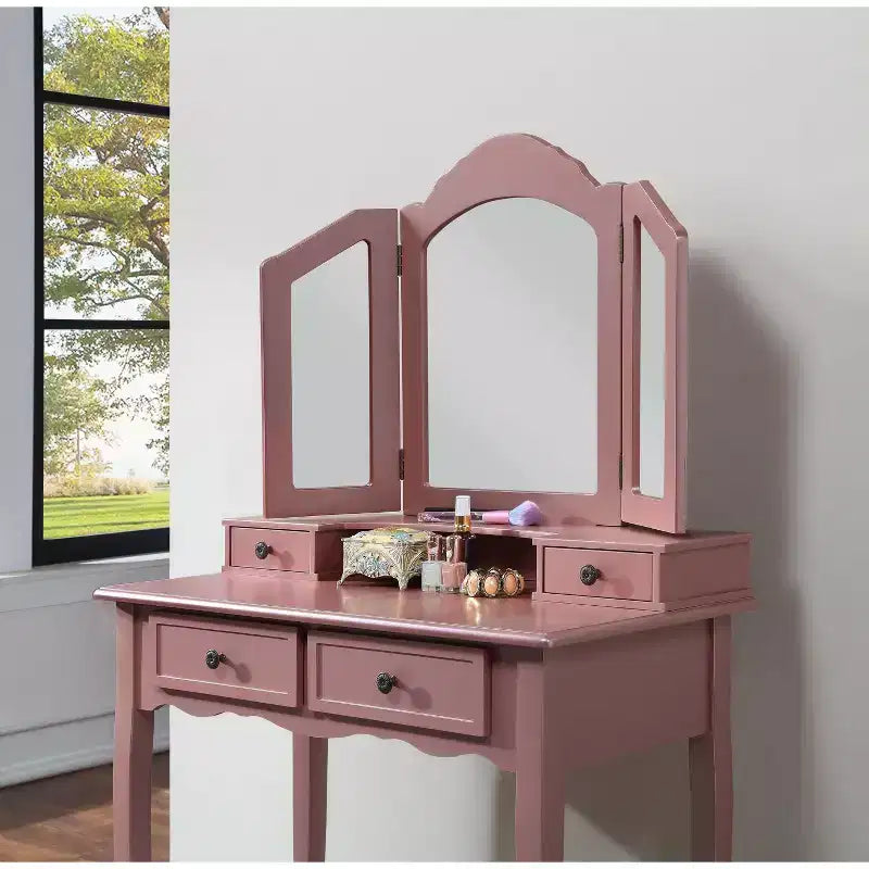 Coiffeuse vintage en bois avec tabouret, miroir 3 volets et 4 tiroirs