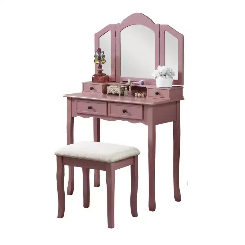 Coiffeuse vintage en bois avec tabouret, miroir 3 volets et 4 tiroirs