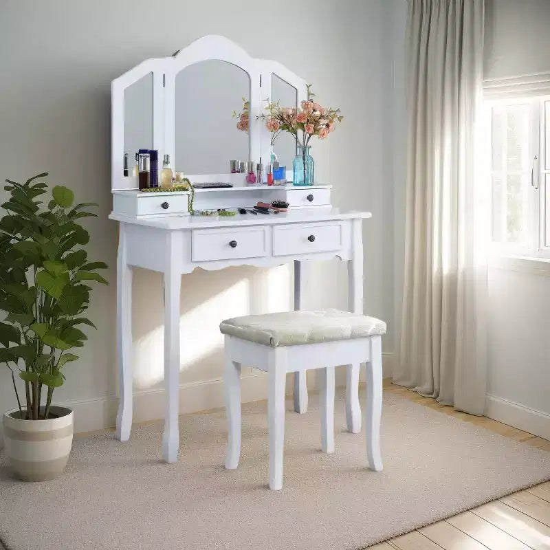 Coiffeuse vintage en bois avec tabouret, miroir 3 volets et 4 tiroirs