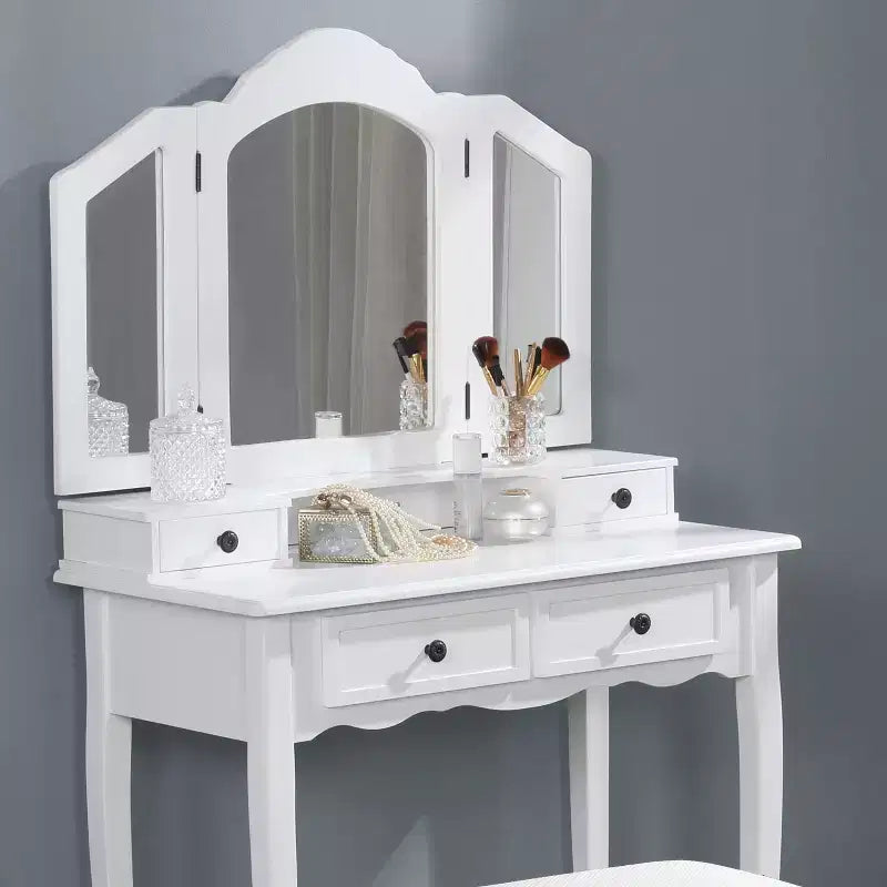 Coiffeuse vintage en bois avec tabouret, miroir 3 volets et 4 tiroirs