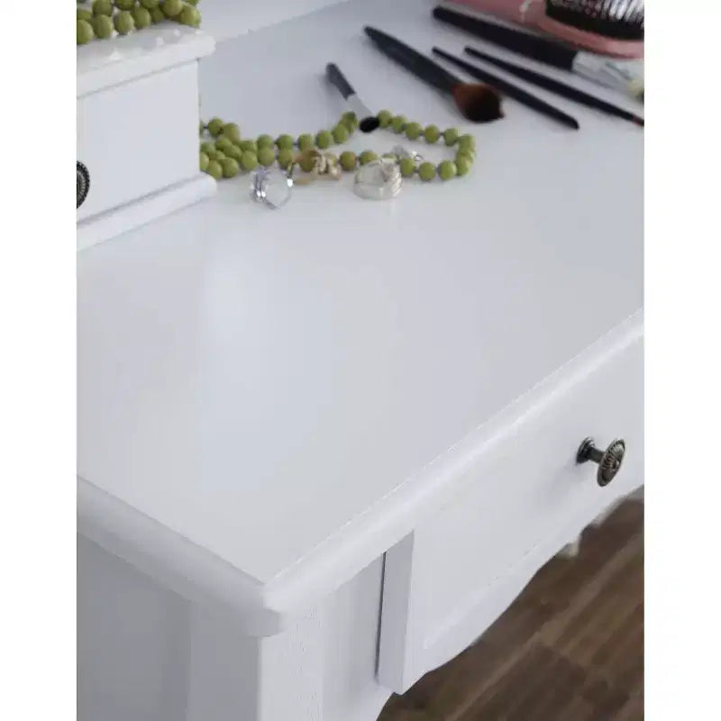 Coiffeuse vintage en bois avec tabouret, miroir 3 volets et 4 tiroirs