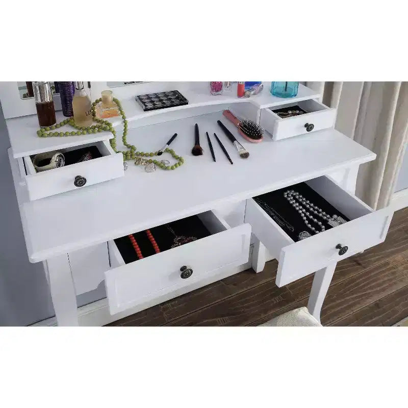 Coiffeuse vintage en bois avec tabouret, miroir 3 volets et 4 tiroirs