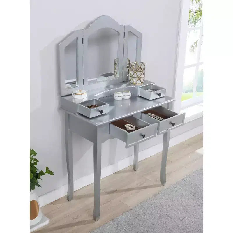 Coiffeuse vintage en bois avec tabouret, miroir 3 volets et 4 tiroirs
