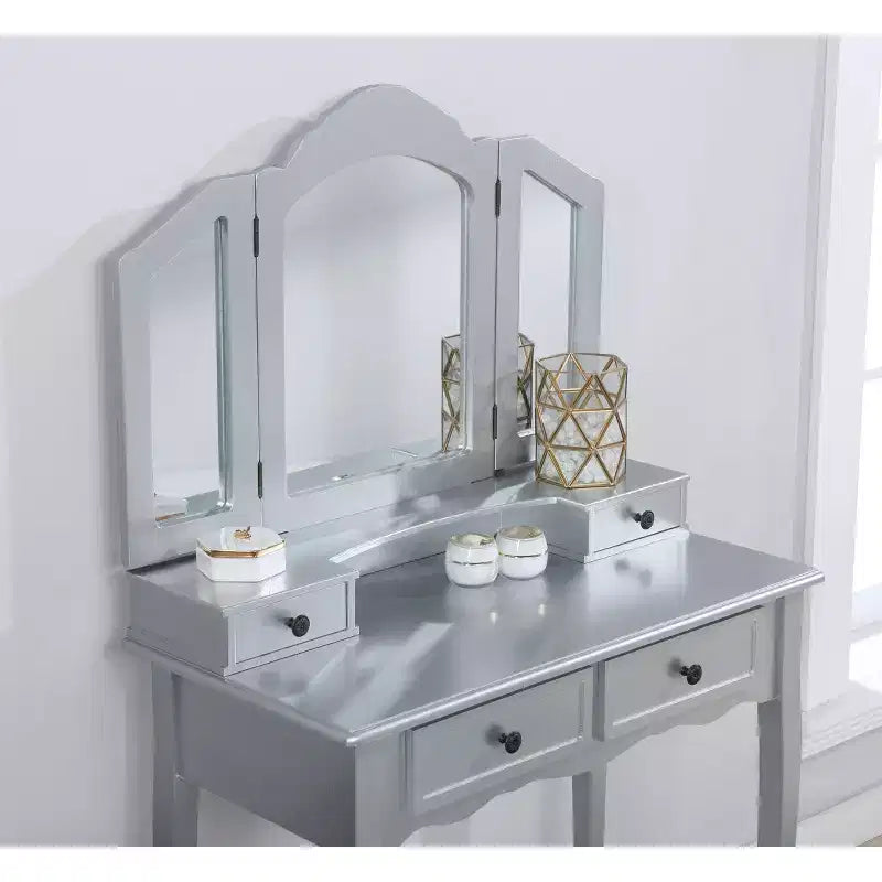 Coiffeuse vintage en bois avec tabouret, miroir 3 volets et 4 tiroirs