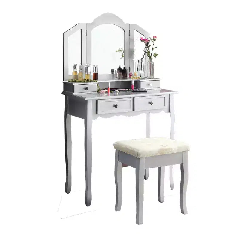 Coiffeuse vintage en bois avec tabouret, miroir 3 volets et 4 tiroirs