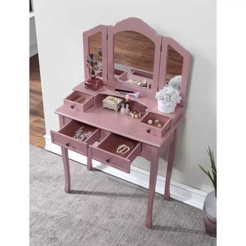 Coiffeuse vintage en bois avec tabouret, miroir 3 volets et 4 tiroirs