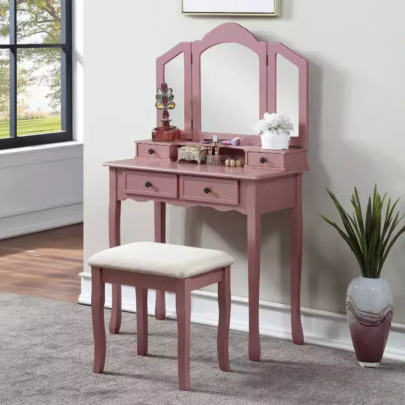 Coiffeuse vintage en bois avec tabouret, miroir 3 volets et 4 tiroirs