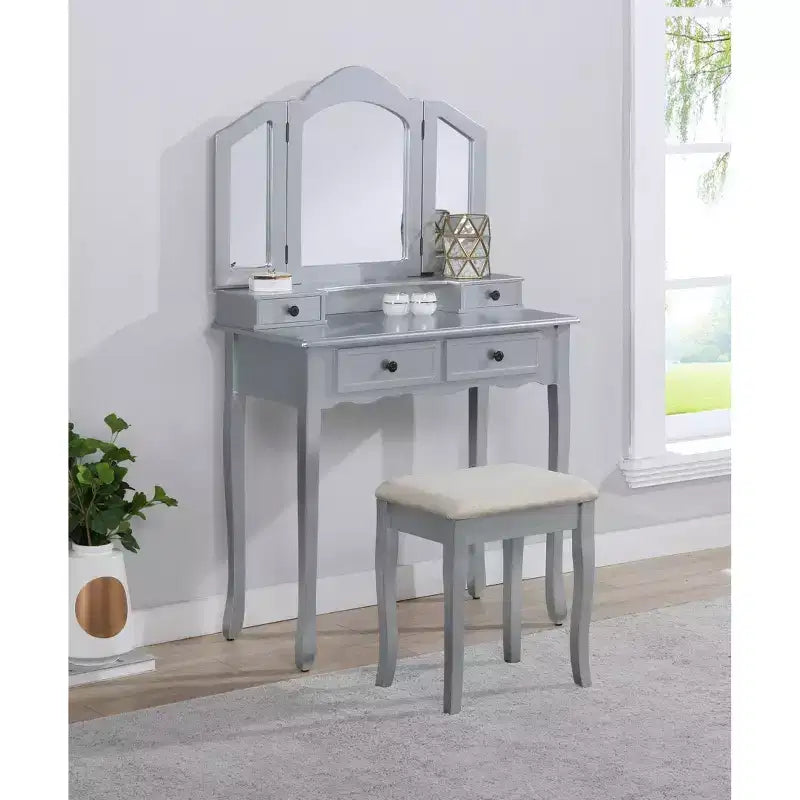 Coiffeuse vintage en bois avec tabouret, miroir 3 volets et 4 tiroirs