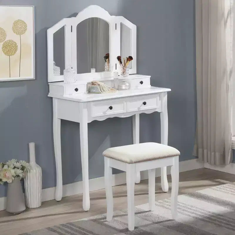 Coiffeuse vintage en bois avec tabouret, miroir 3 volets et 4 tiroirs