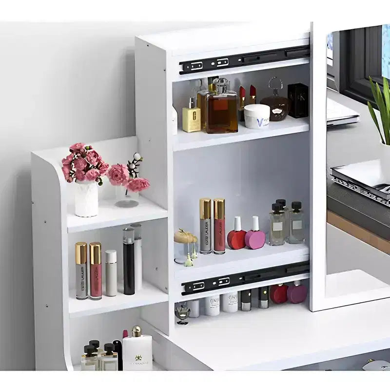 Coiffeuse blanche moderne avec grand miroir, 4 tiroirs et chaise