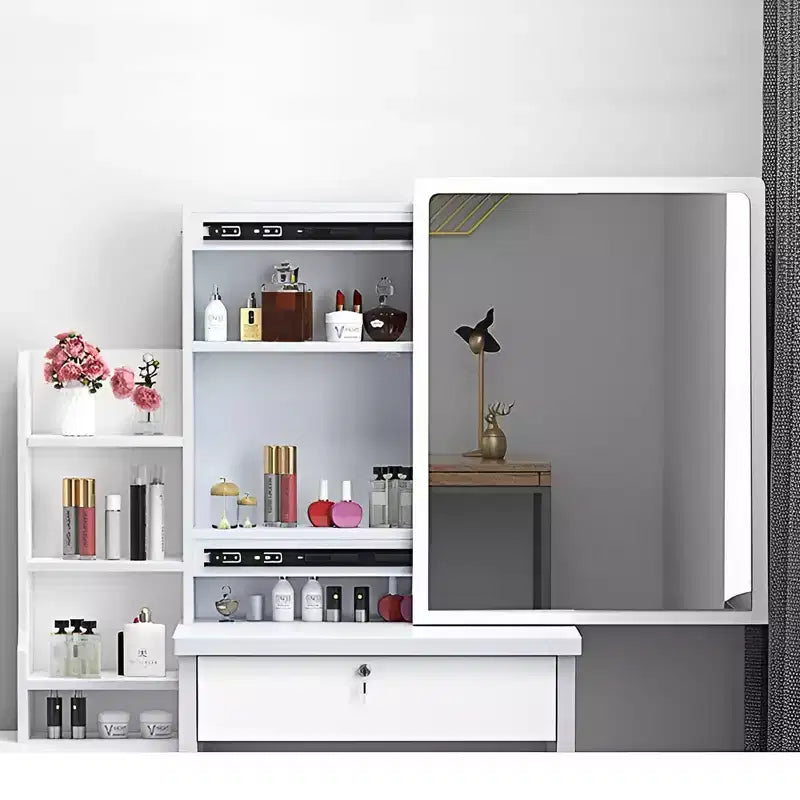 Coiffeuse blanche moderne avec grand miroir, 4 tiroirs et chaise
