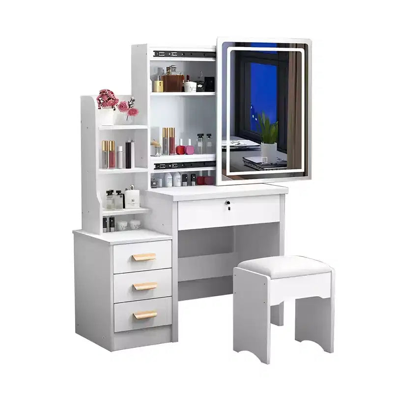 Coiffeuse blanche moderne avec grand miroir, 4 tiroirs et chaise