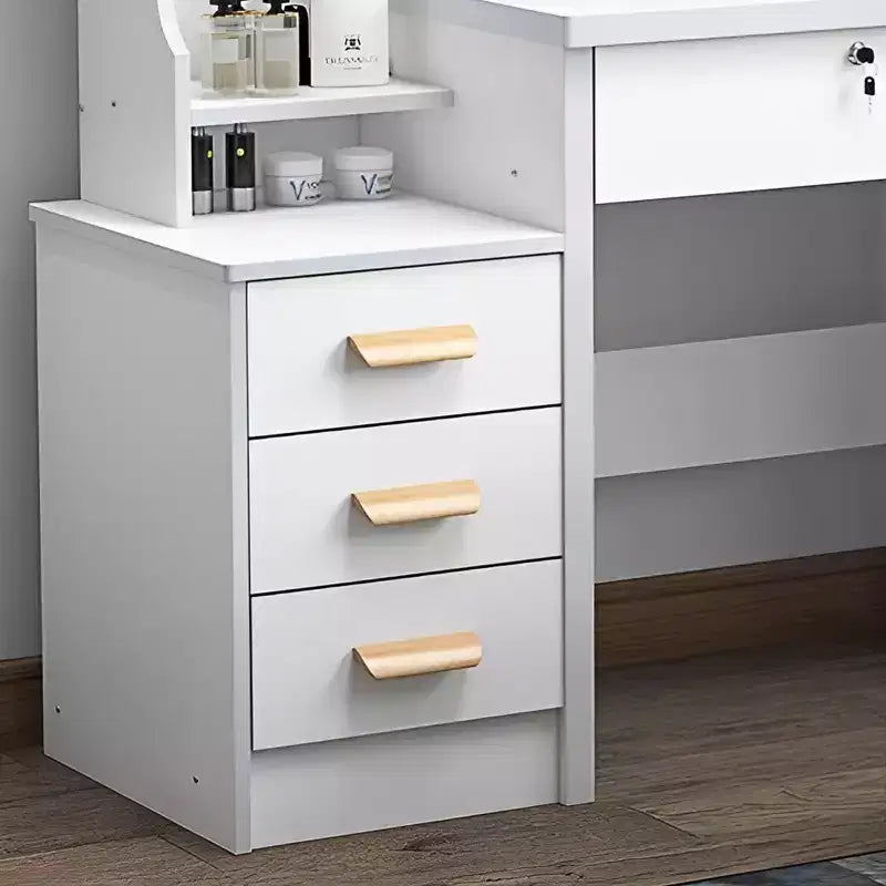 Coiffeuse blanche moderne avec grand miroir, 4 tiroirs et chaise