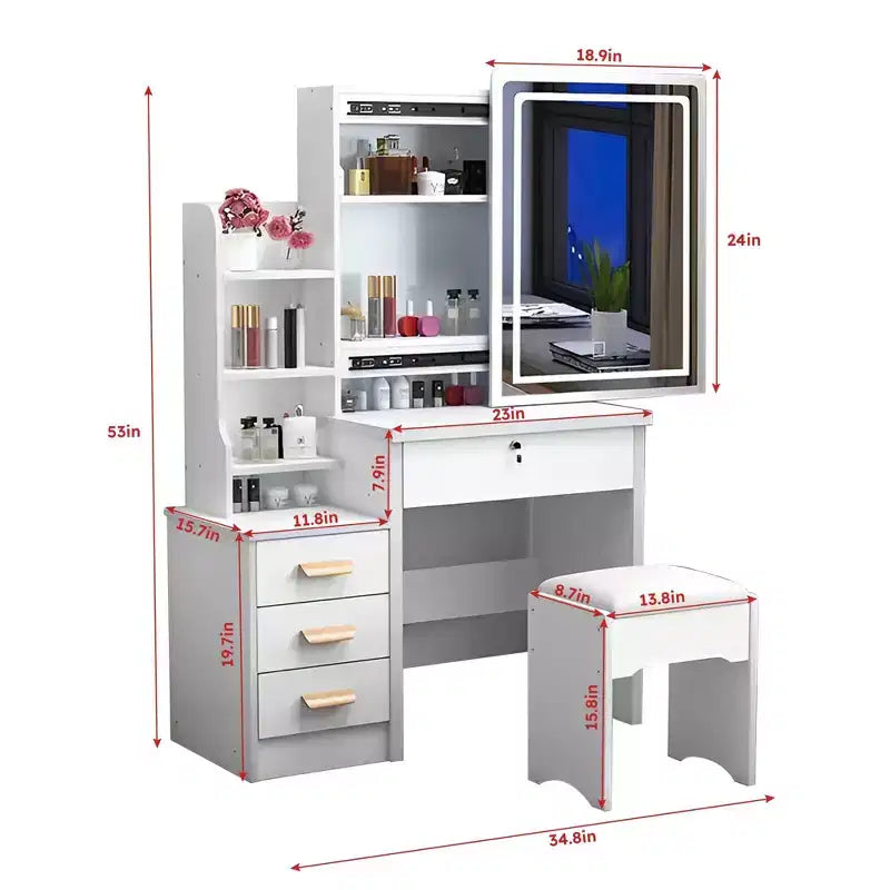 Coiffeuse blanche moderne avec grand miroir, 4 tiroirs et chaise