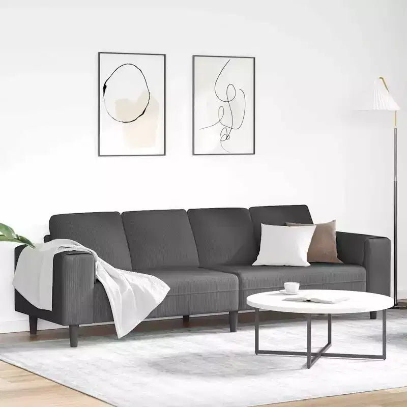 Canapé en velours côtelé gris foncé avec coussins – 4 places, sans pouf