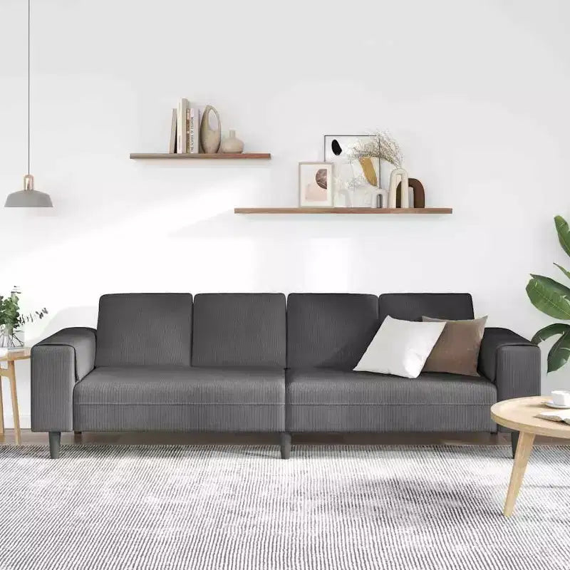 Canapé en velours côtelé gris foncé avec coussins – 4 places, sans pouf