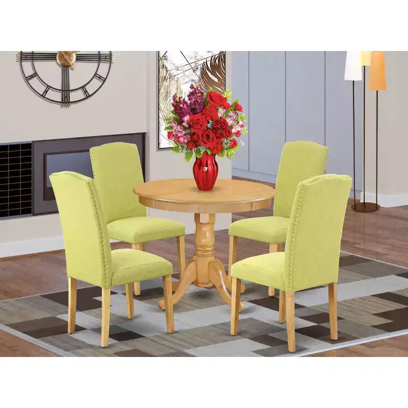Ensemble de salle à manger moderne 5 pièces – Table ronde de 91 cm, 4 chaises, pieds en chêne et tissu en lin