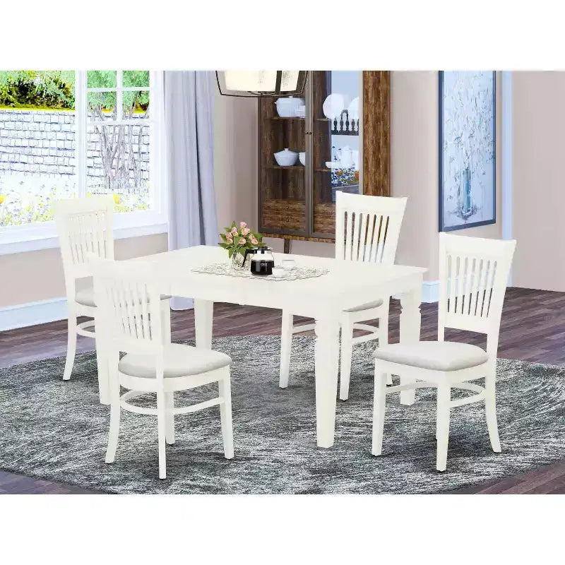 Ensemble de salle à manger rectangulaire blanc 5 pièces, 4 places, bois et similicuir