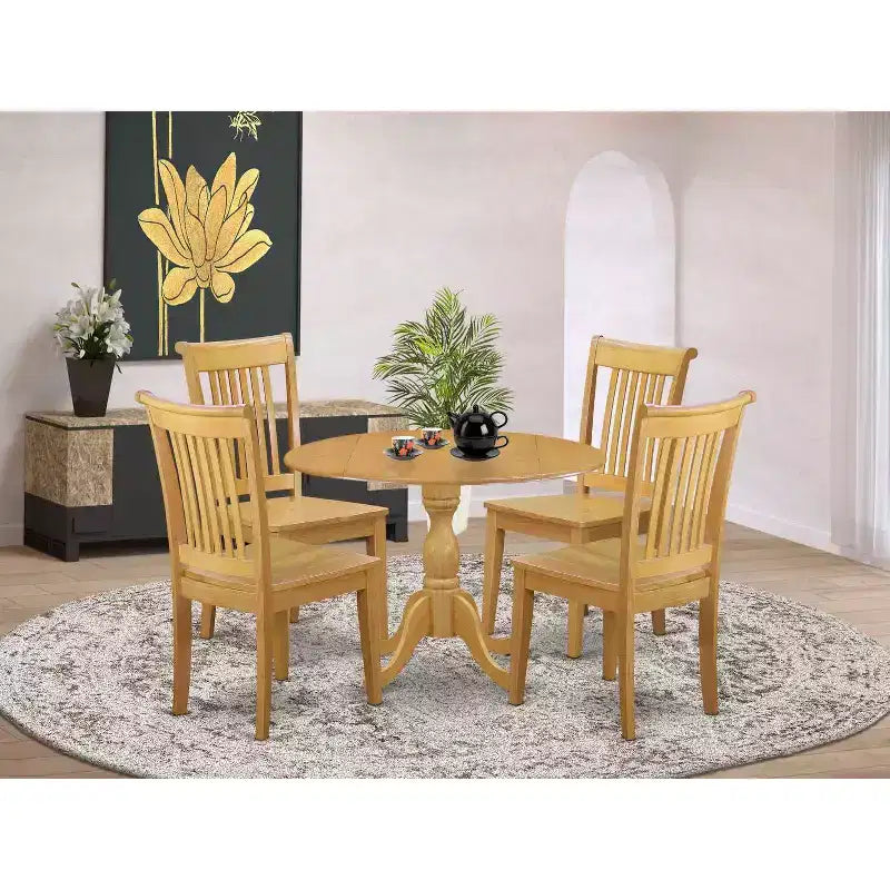 Ensemble table de salle à manger ronde extensible en chêne naturel, 4 places, 5 pièces