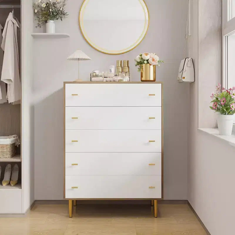 5-Drawer Dresser  44 Tall Rustic Wood Chest with Bar Handles, Anti-Tip & Robot-Vacuum Friendly