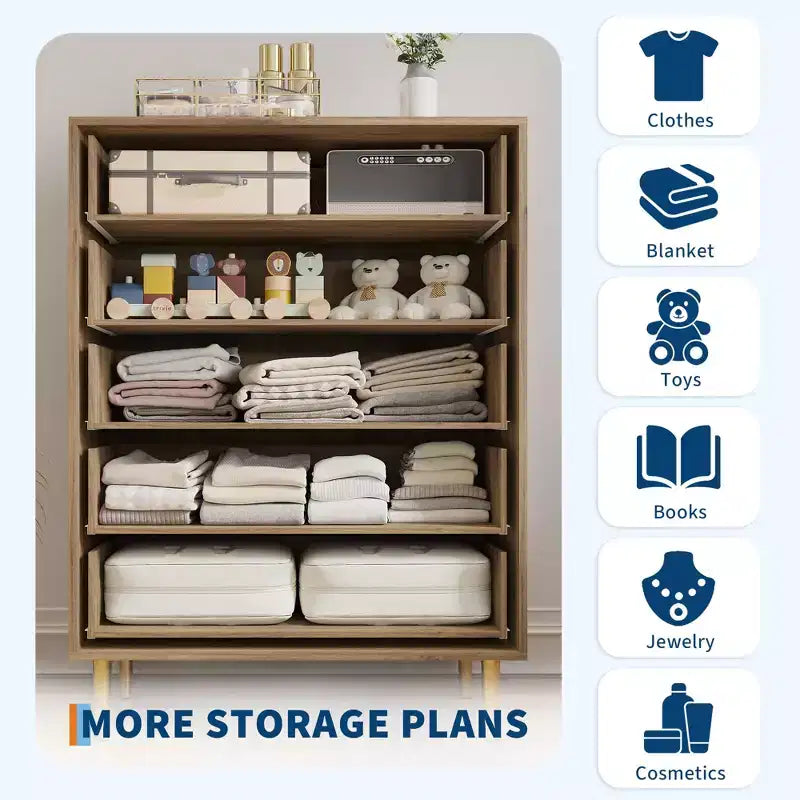 5-Drawer Dresser  44 Tall Rustic Wood Chest with Bar Handles, Anti-Tip & Robot-Vacuum Friendly