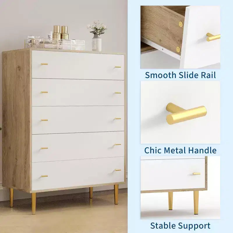 5-Drawer Dresser  44 Tall Rustic Wood Chest with Bar Handles, Anti-Tip & Robot-Vacuum Friendly
