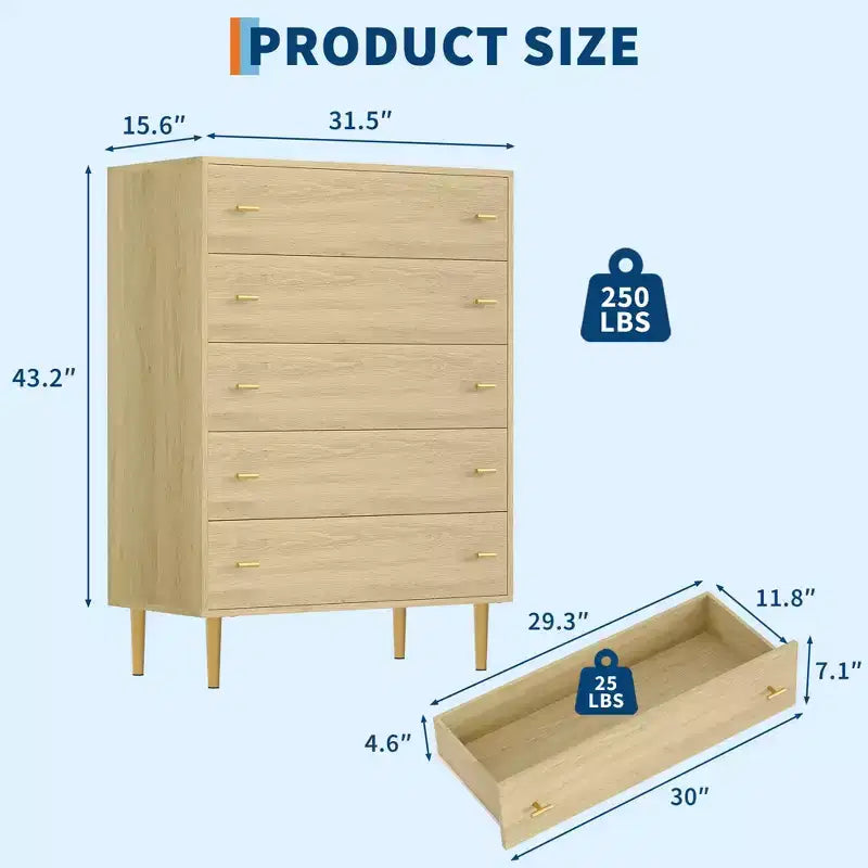 5-Drawer Dresser  44 Tall Rustic Wood Chest with Bar Handles, Anti-Tip & Robot-Vacuum Friendly