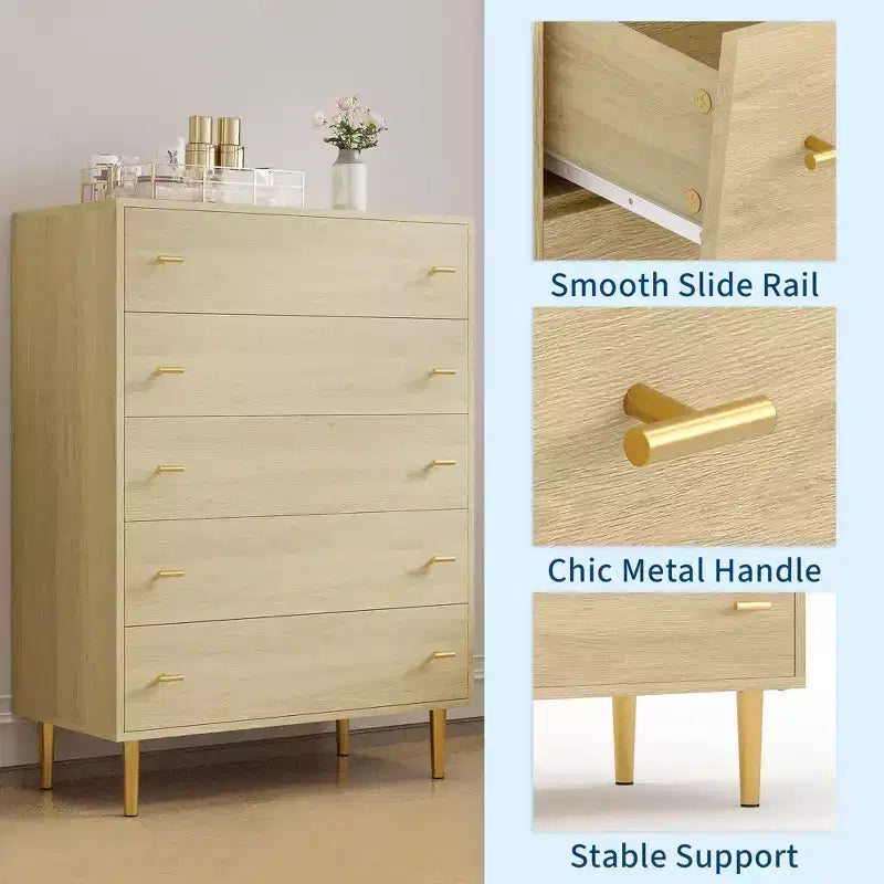 5-Drawer Dresser  44 Tall Rustic Wood Chest with Bar Handles, Anti-Tip & Robot-Vacuum Friendly
