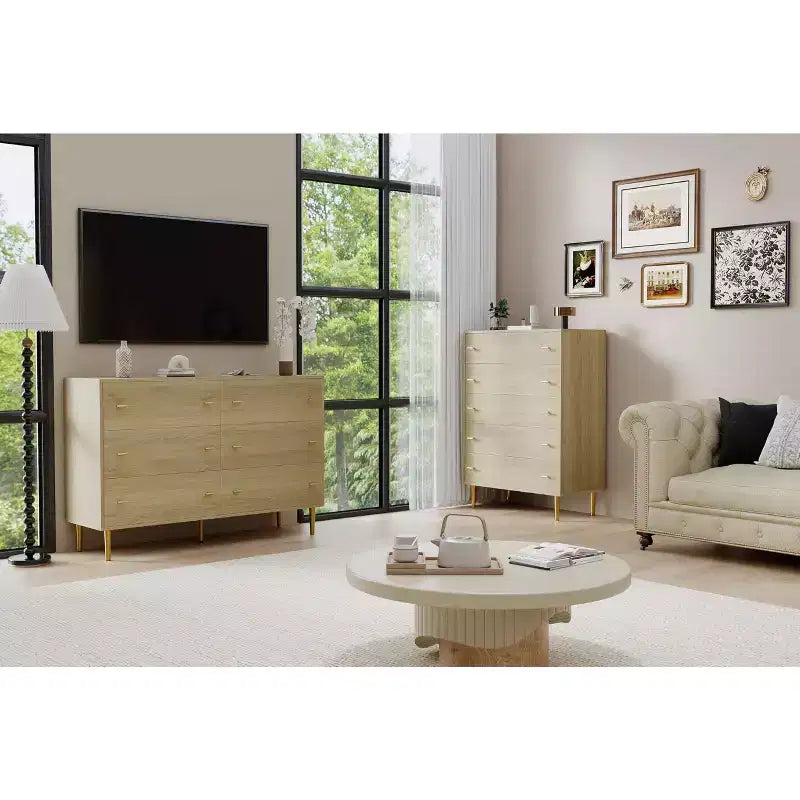 5-Drawer Dresser  44 Tall Rustic Wood Chest with Bar Handles, Anti-Tip & Robot-Vacuum Friendly