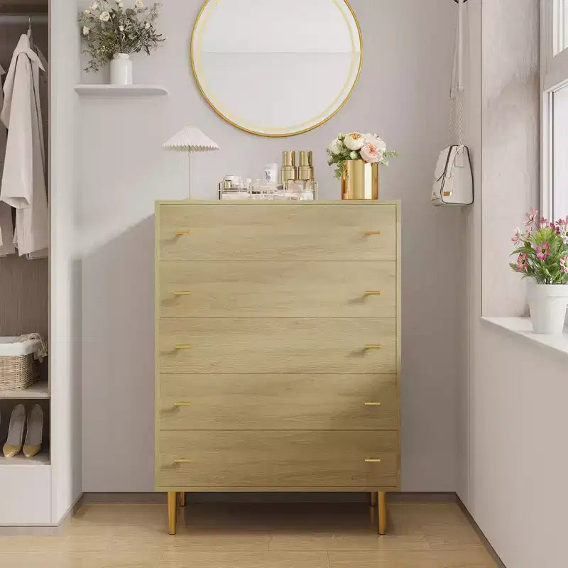 5-Drawer Dresser  44 Tall Rustic Wood Chest with Bar Handles, Anti-Tip & Robot-Vacuum Friendly