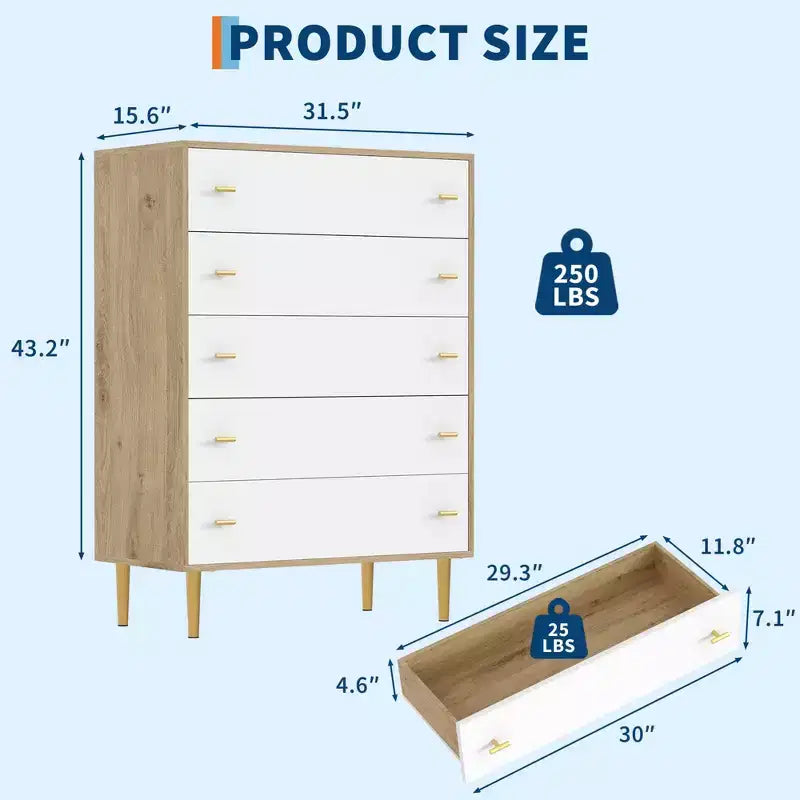 5-Drawer Dresser  44 Tall Rustic Wood Chest with Bar Handles, Anti-Tip & Robot-Vacuum Friendly