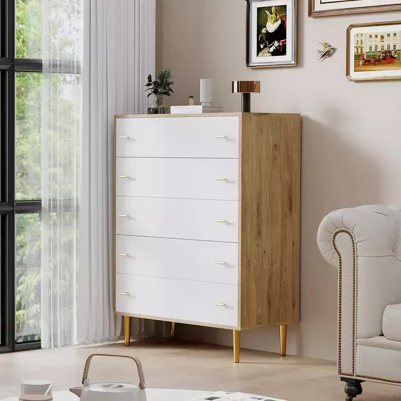 5-Drawer Dresser  44 Tall Rustic Wood Chest with Bar Handles, Anti-Tip & Robot-Vacuum Friendly