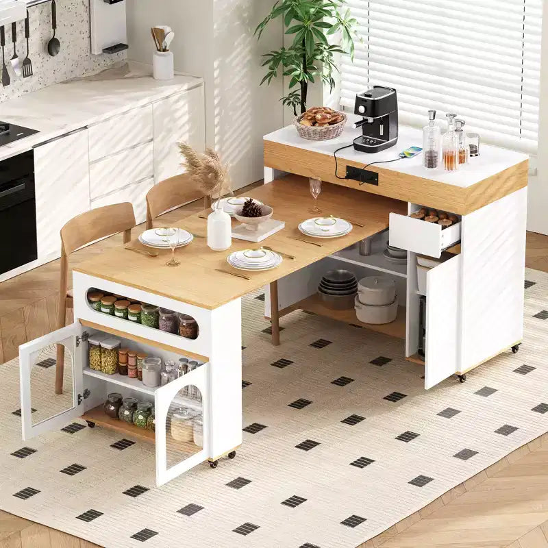 Extendable Dining Table and Rolling Kitchen Island with Drawers