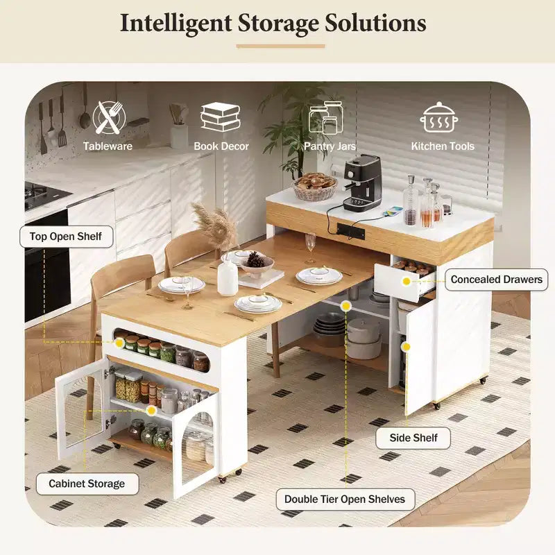 Extendable Dining Table and Rolling Kitchen Island with Drawers