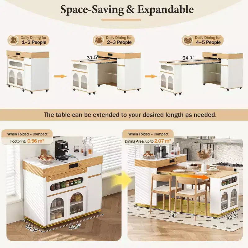 Extendable Dining Table and Rolling Kitchen Island with Drawers
