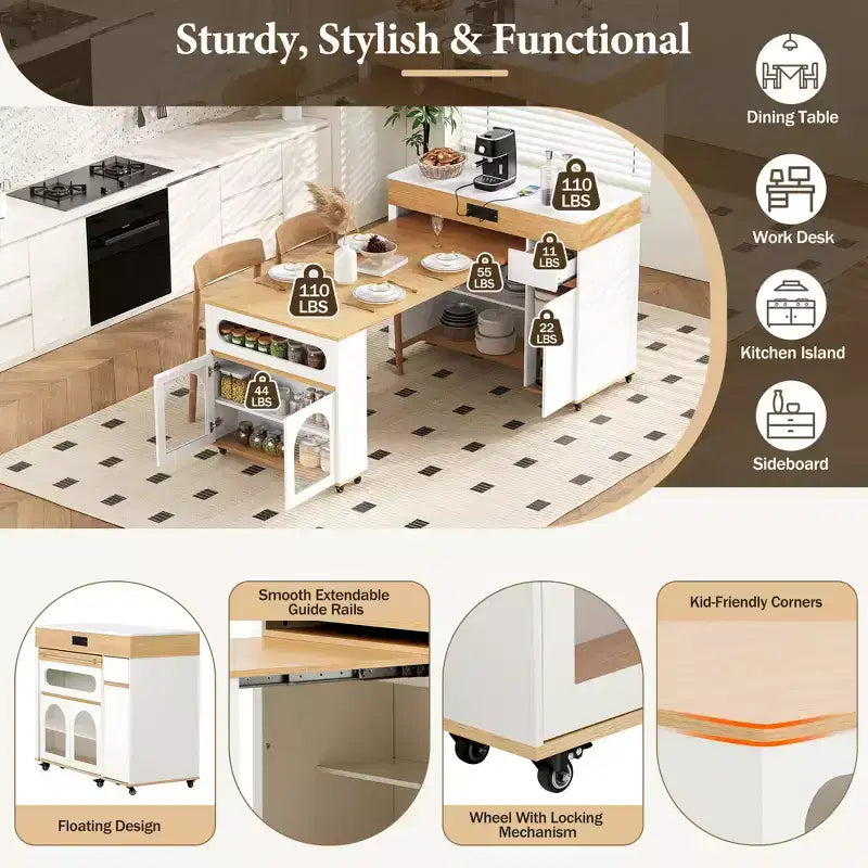 Extendable Dining Table and Rolling Kitchen Island with Drawers