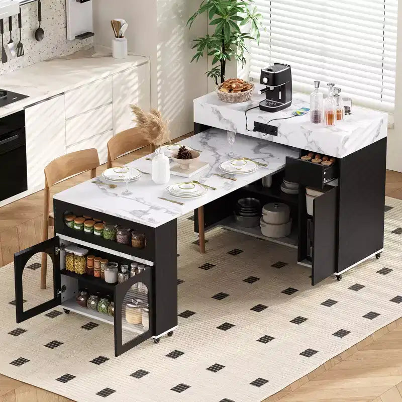 Extendable Dining Table and Rolling Kitchen Island with Drawers