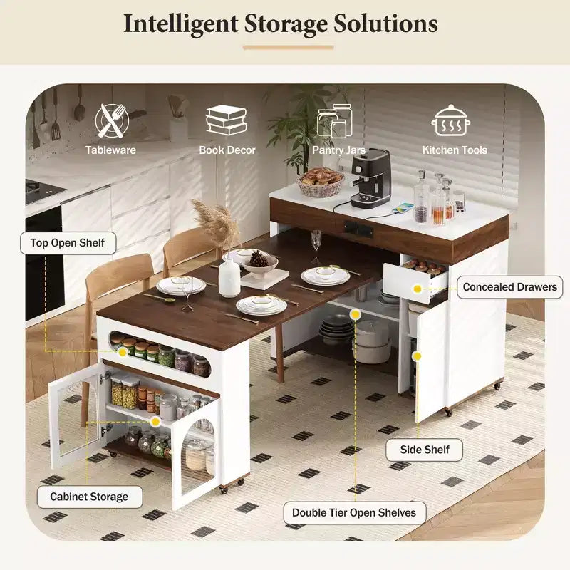 Extendable Dining Table and Rolling Kitchen Island with Drawers
