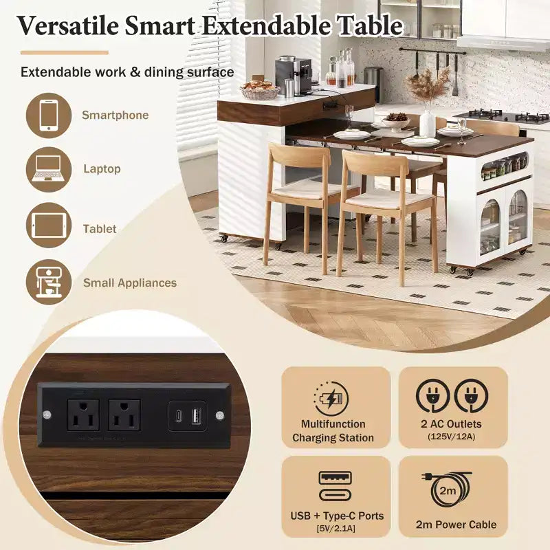 Extendable Dining Table and Rolling Kitchen Island with Drawers