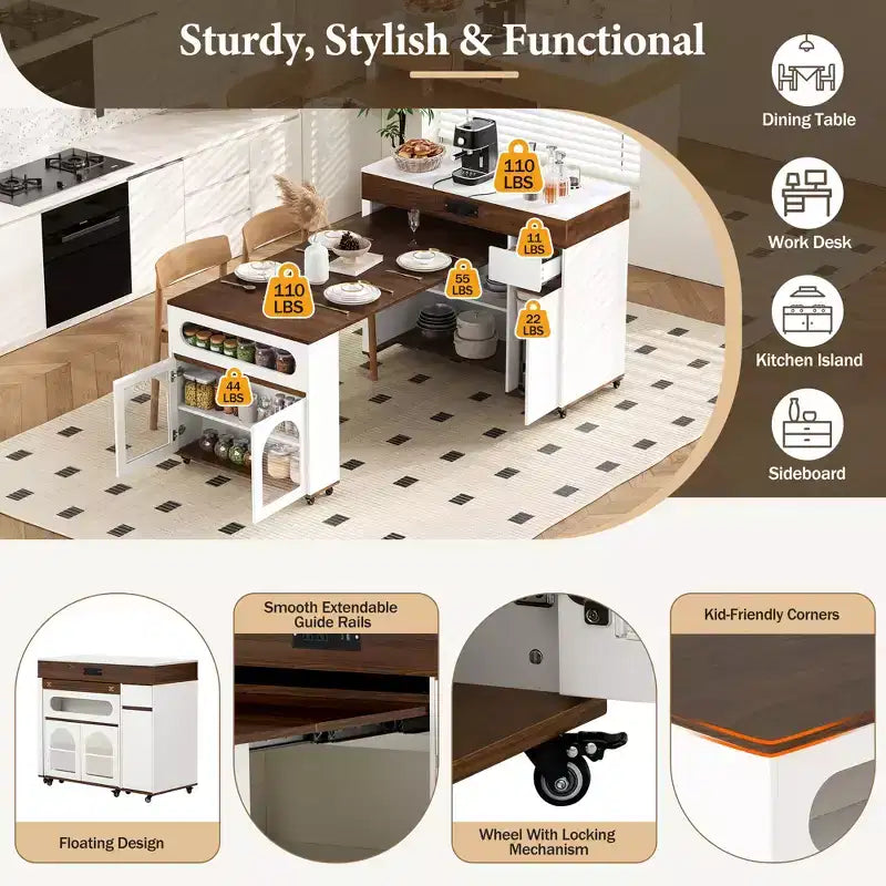 Extendable Dining Table and Rolling Kitchen Island with Drawers