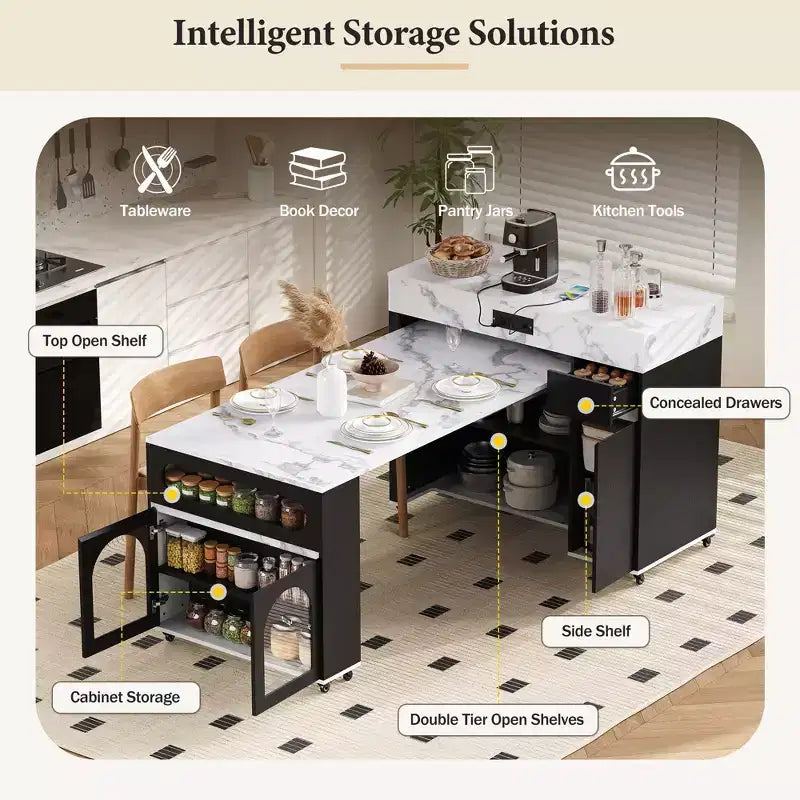 Extendable Dining Table and Rolling Kitchen Island with Drawers