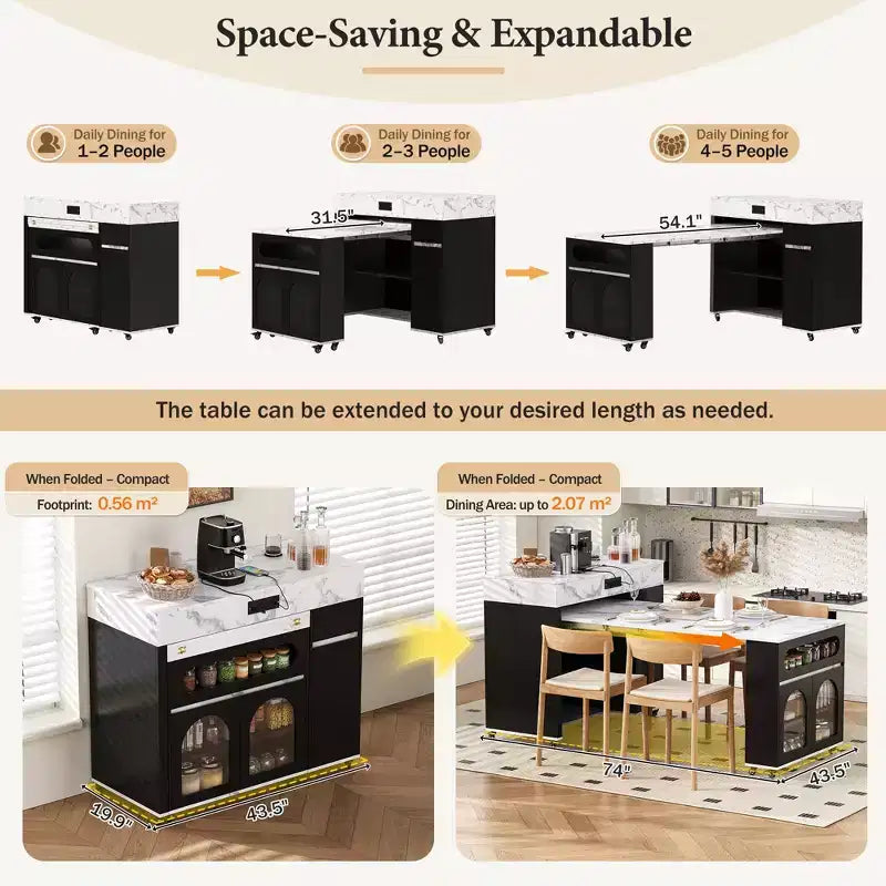 Extendable Dining Table and Rolling Kitchen Island with Drawers