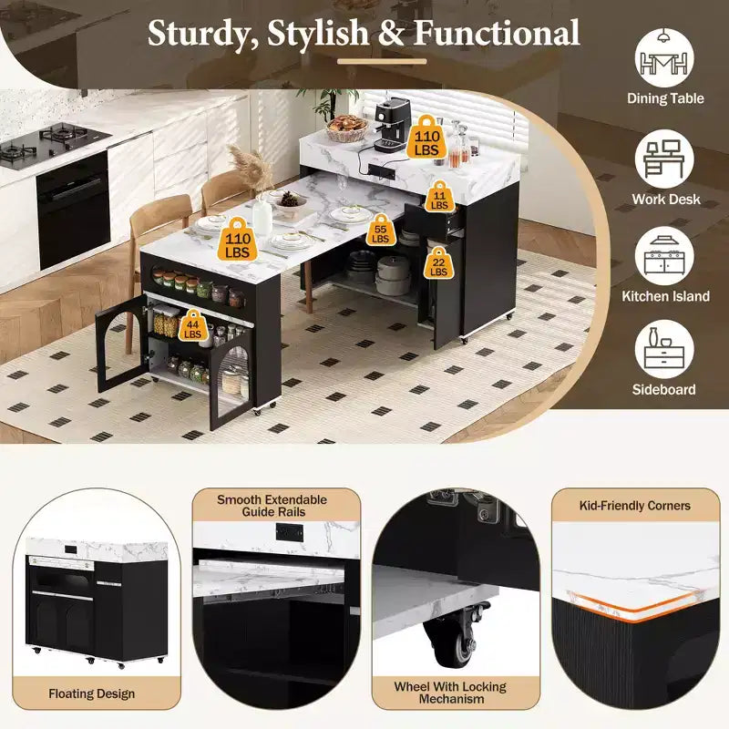 Extendable Dining Table and Rolling Kitchen Island with Drawers