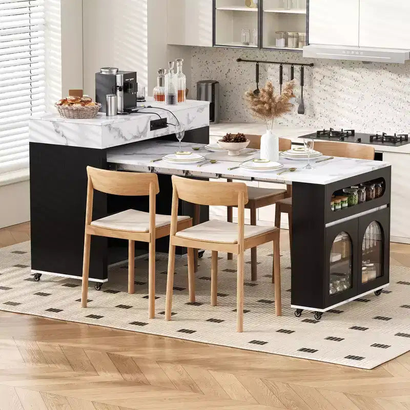 Extendable Dining Table and Rolling Kitchen Island with Drawers