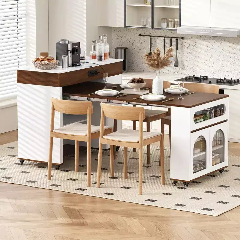 Extendable Dining Table and Rolling Kitchen Island with Drawers