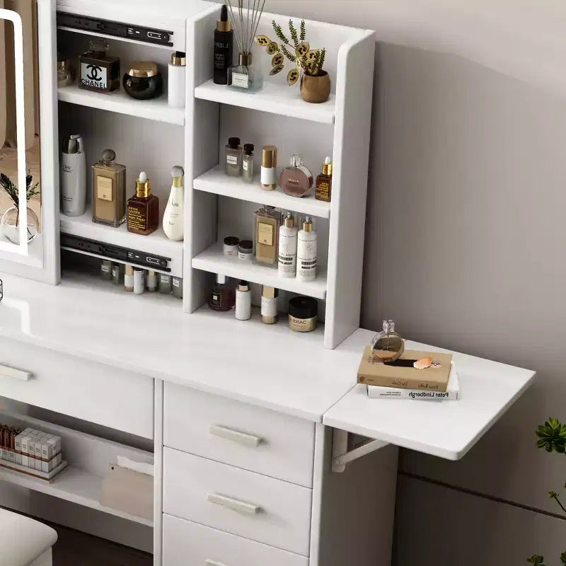 White Makeup Vanity Desk with Lighted Mirror & Chair, 5 Drawers, Open Shelves, 3-Color Adjustable LED Lighting